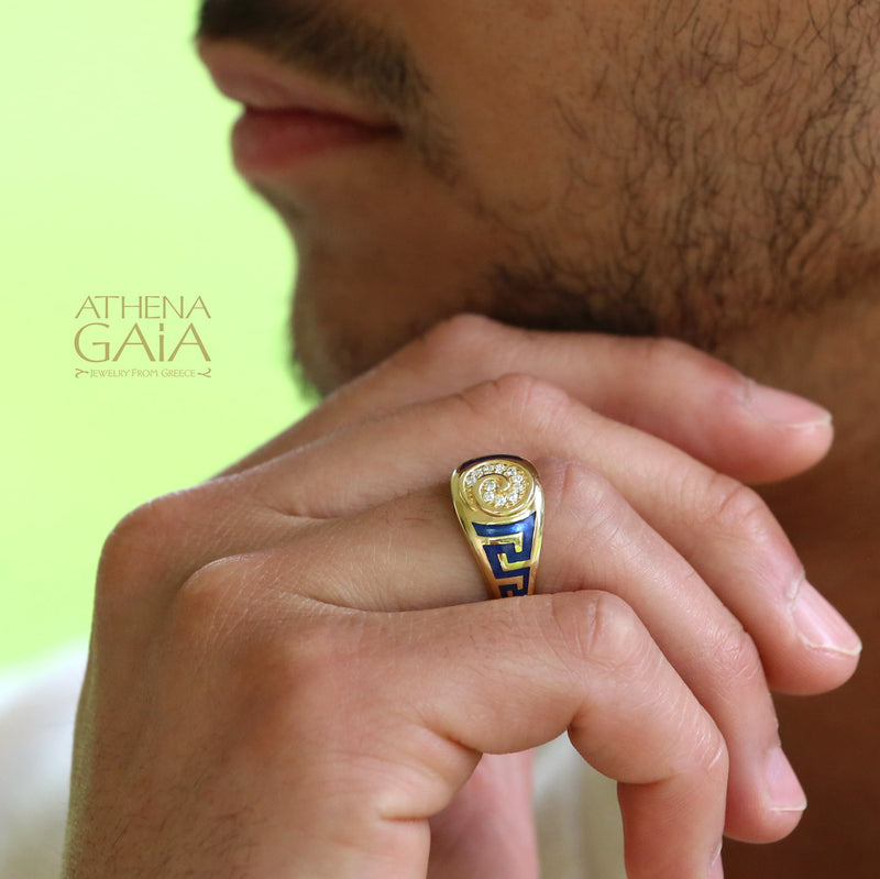 Eternal Greek Key Spira Tapered Band Ring - 18k Gold Ring - Signet Ring