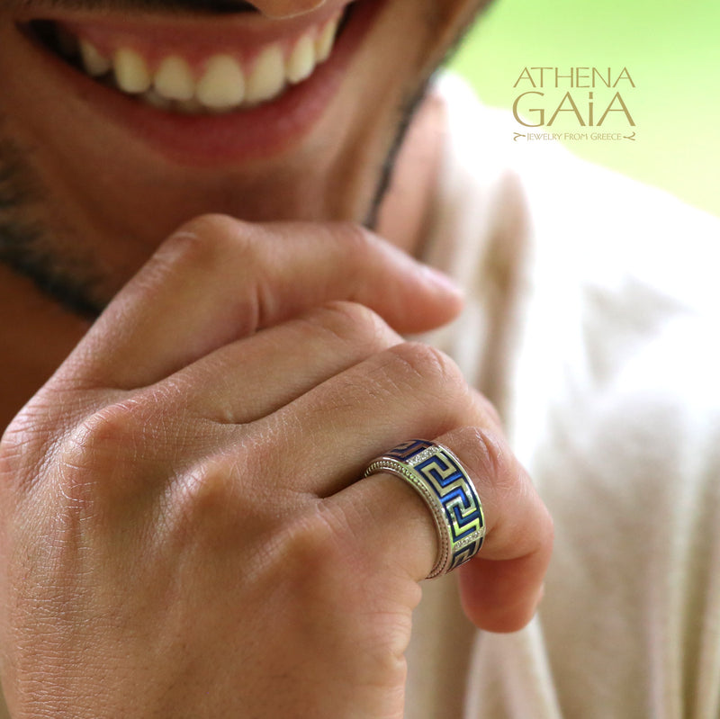 Eternal Greek Key Enamel Ring - 18k Gold Ring - Cigar Band Ring