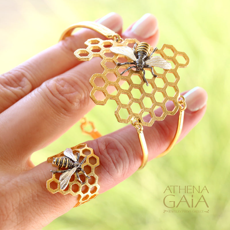 Medium Organic Honeycomb Bee Band Ring - Gold Plated Sterling Silver Ring