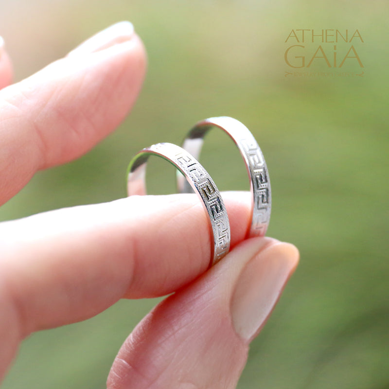 Greek Key Band Ring - 14k White Gold Ring - Stackable Ring (In-Stock)