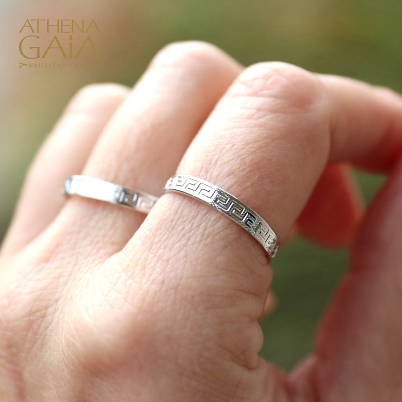 Greek Key Band Ring - 14k White Gold Ring - Stackable Ring (In-Stock)