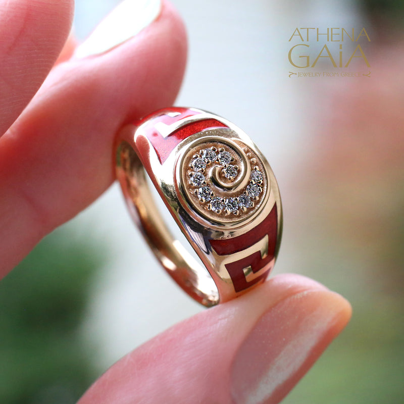Eternal Greek Key Spira Tapered Band Ring - 18k Gold Ring - Signet Ring