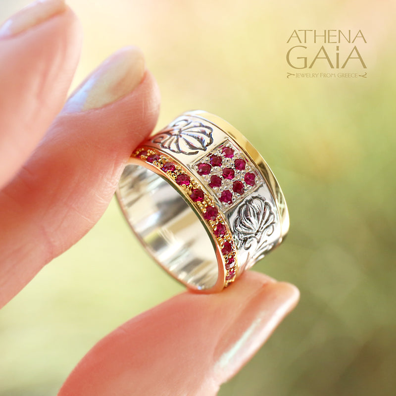 Stone Field Ring - 18k Gold & Sterling Silver Ring - Cigar Band Ring