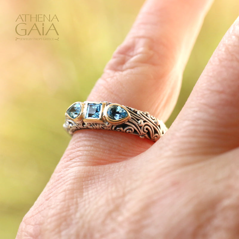 Kynthia Petal and Square Stone Band Ring - 18k Gold & Sterling Silver Ring - Stackable Ring