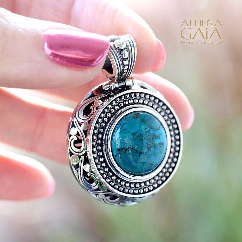 Dot and Scroll Turquoise Pendant - Sterling Silver Pendant