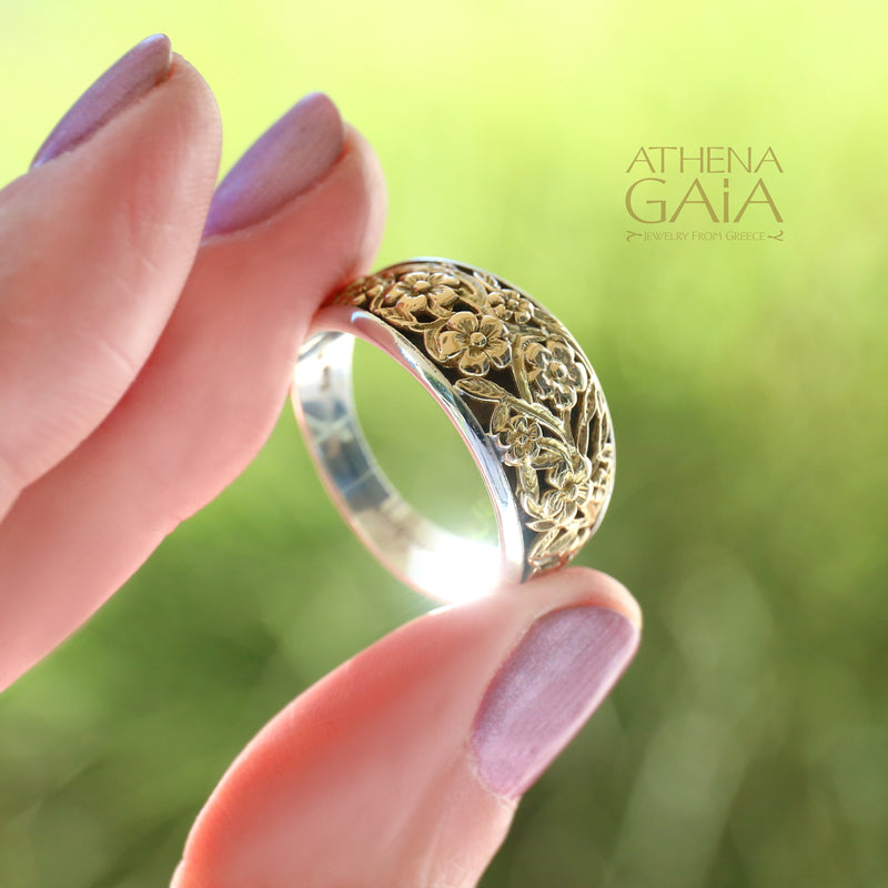 Meadow Shadows Ring - 18k Gold & Sterling Silver Ring - Cigar Band Ring