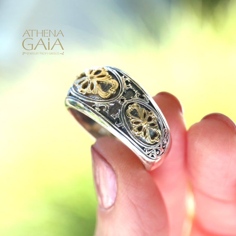 Golden Clover Band Ring - 18k Gold & Sterling Silver Ring - Signet Ring