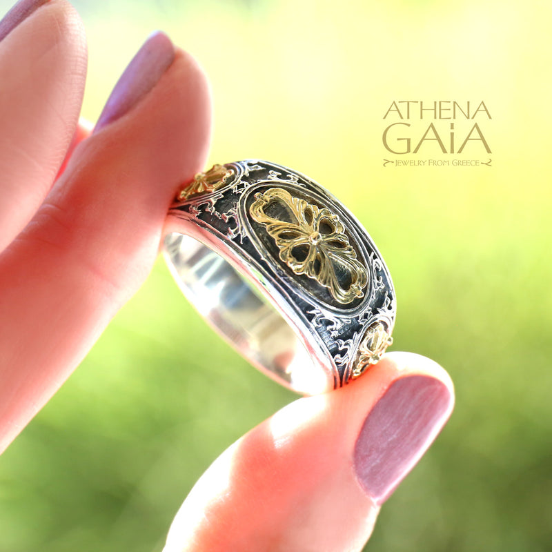 Golden Clover Band Ring - 18k Gold & Sterling Silver Ring - Signet Ring