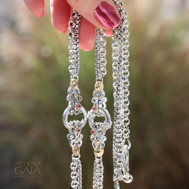 Gold Link Circle Station with Rubies Necklace - 18k Gold & Sterling Silver Necklace