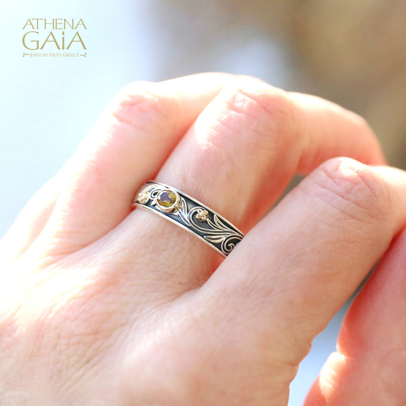 Floral Band Ring - 18k Gold & Sterling Silver Ring - Stackable Ring