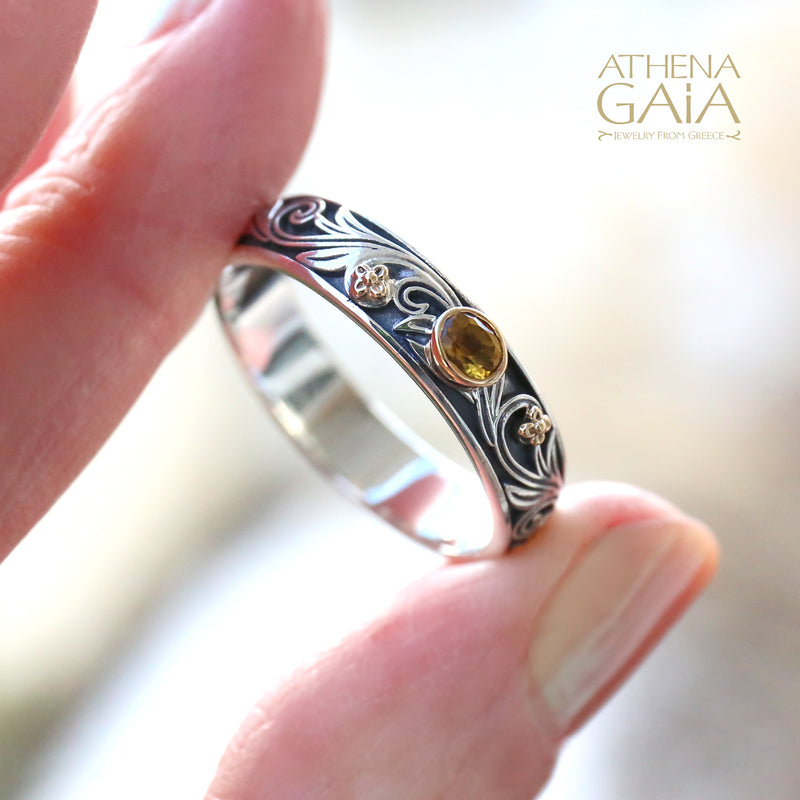 Floral Band Ring - 18k Gold & Sterling Silver Ring - Stackable Ring