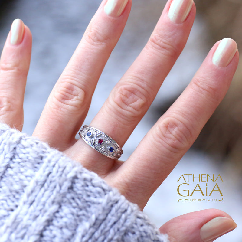 Byzantine Embroidery Graduated Band Ring - 18k White Gold - Stackable Ring (In-Stock)