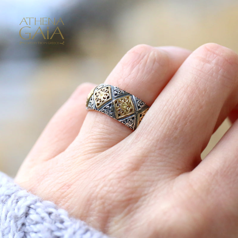 Byzantine Checker Wide Ring - 18k Gold & Sterling Silver Ring - Cigar Band Ring