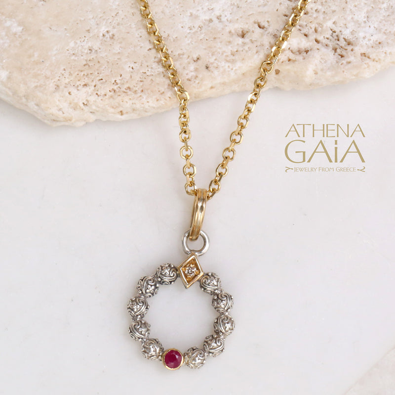 Single Round Stone Stud Cycle Pendant (Large) - 18k Gold & Sterling Silver Pendant