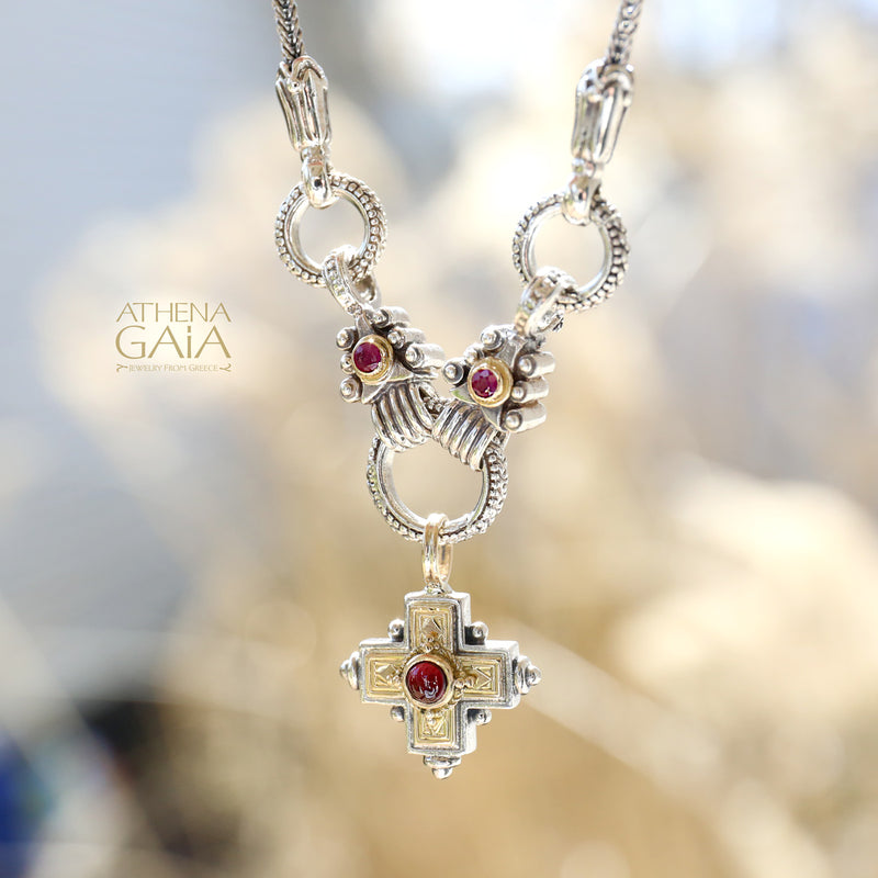 Rustic Stone Cross (Small) - 18k Gold & Sterling Silver - Greek Cross Necklace