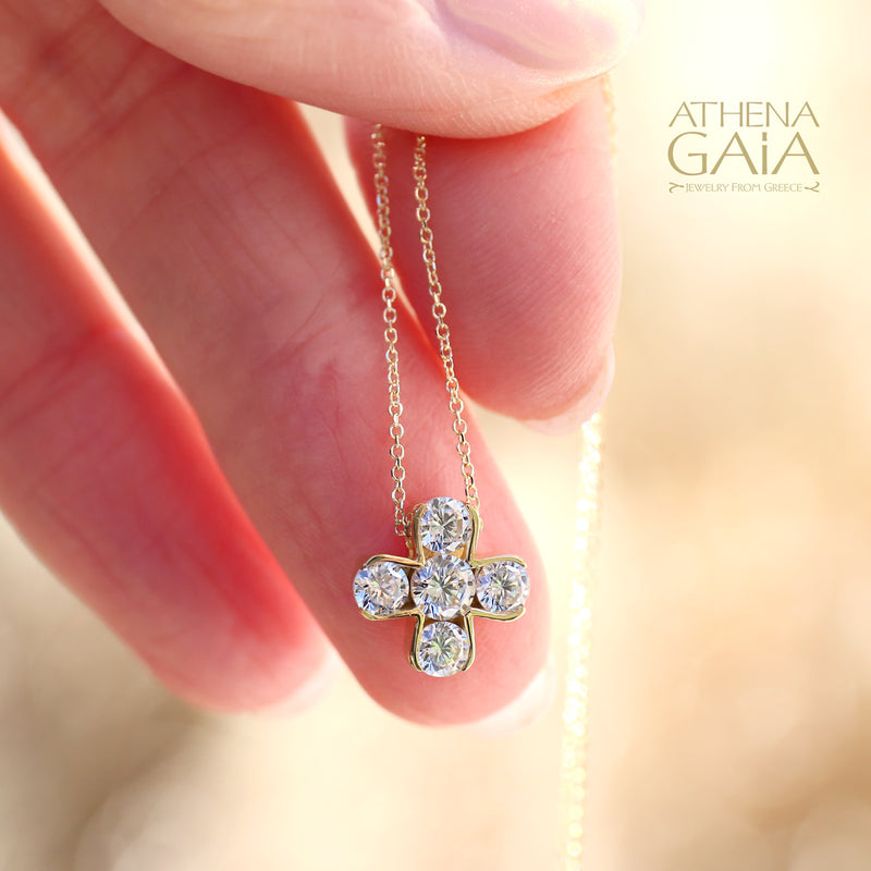 5 Stone Eastern Cross Gold Necklace - 14k Gold Necklace