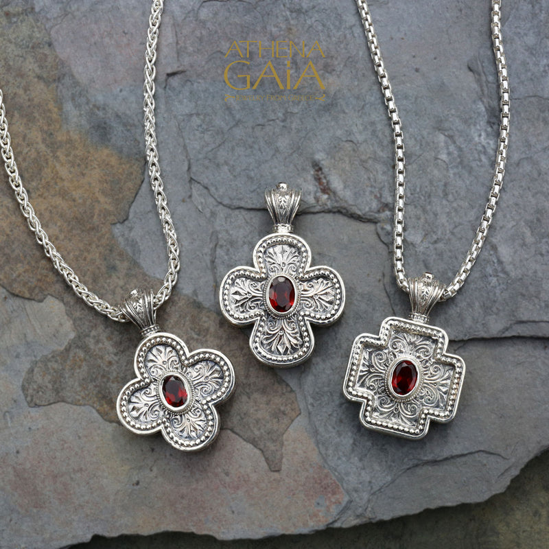 Rounded Greek Cross - Sterling Silver with Center Stone - Orthodox Cross Necklace