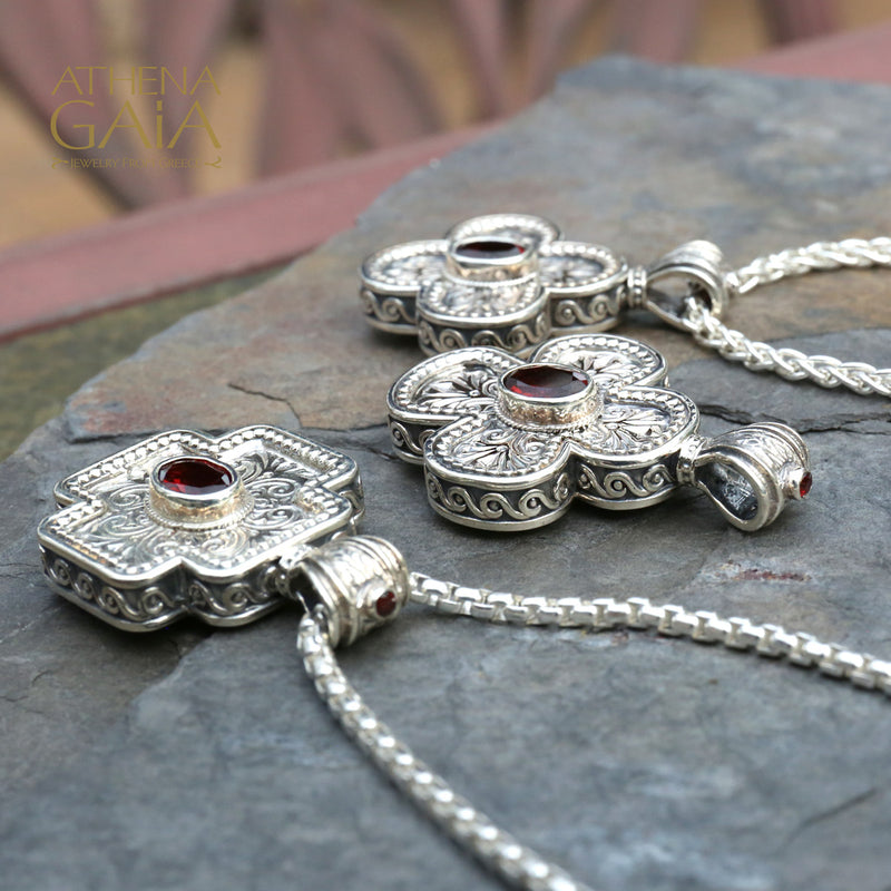 Rounded Greek Cross - Sterling Silver with Center Stone - Orthodox Cross Necklace