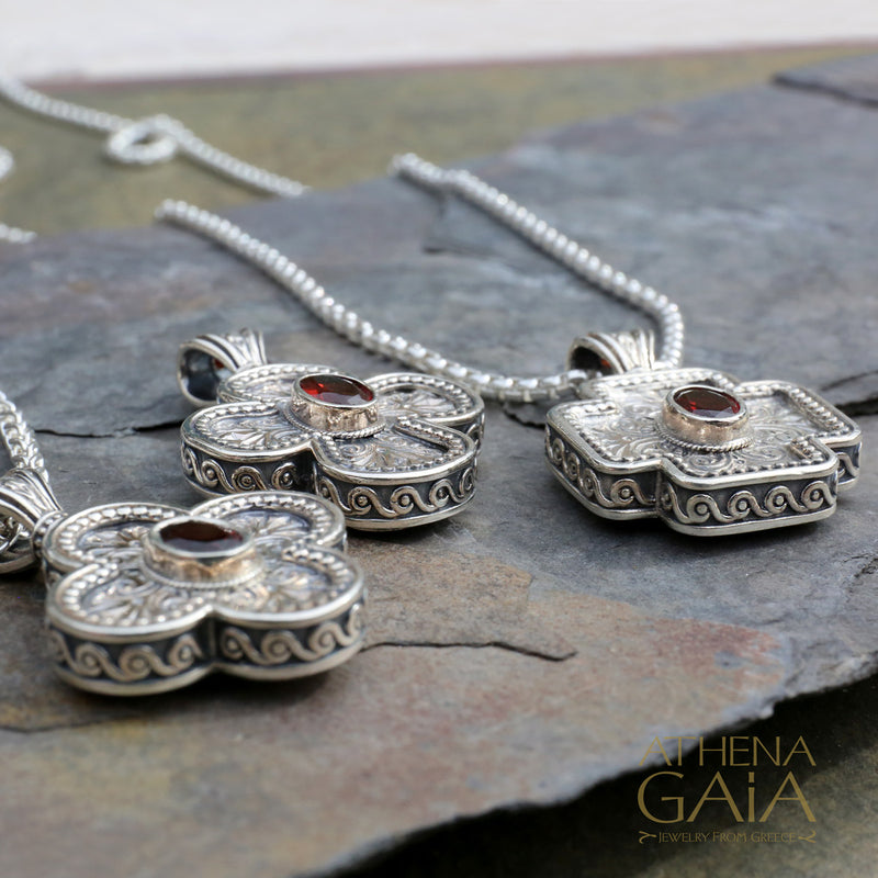 Squared Greek Cross - Sterling Silver with Center Stone - Orthodox Cross Necklace