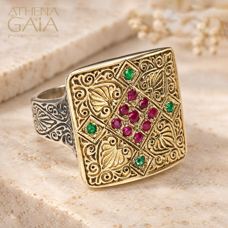 Anthemion Tetra Pave Ring - 18k Gold & Sterling Silver Ring - Cocktail Ring