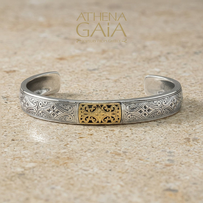 Mediterranean Open Cuff Bracelet - 18k Gold & Sterling Silver