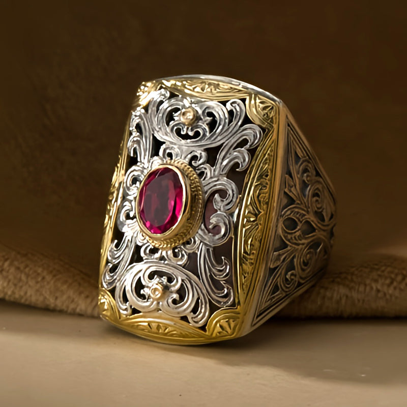 Gold Border Oval Cabochon Stone Ring - 18k Gold & Sterling Silver Ring - Cocktail Ring