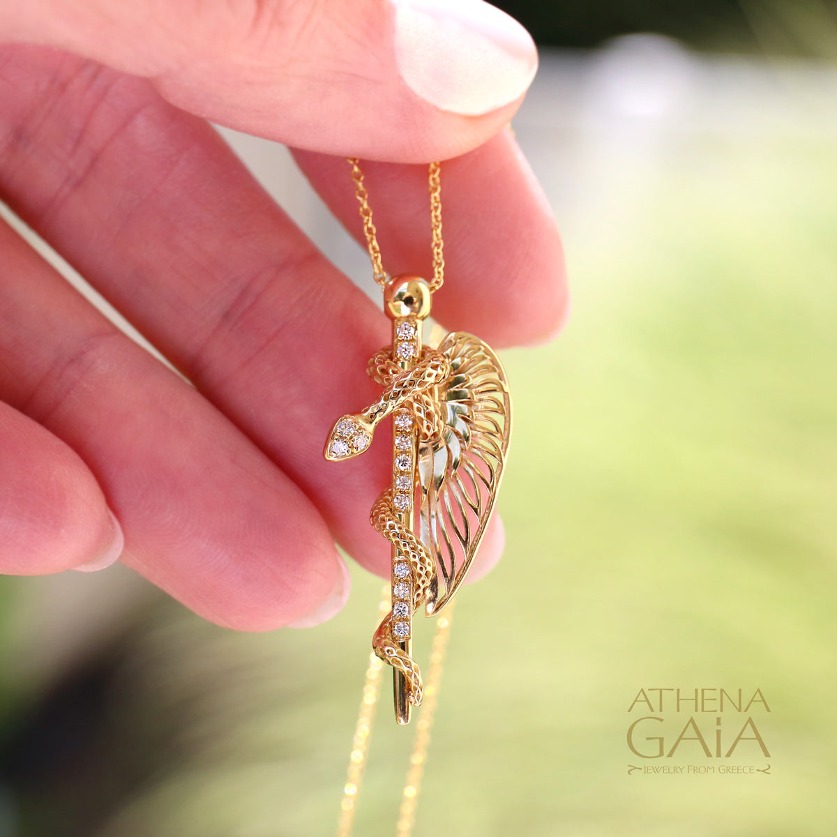 Olympian Hermes Caduceus Pendant Necklace - 18k Gold Necklace