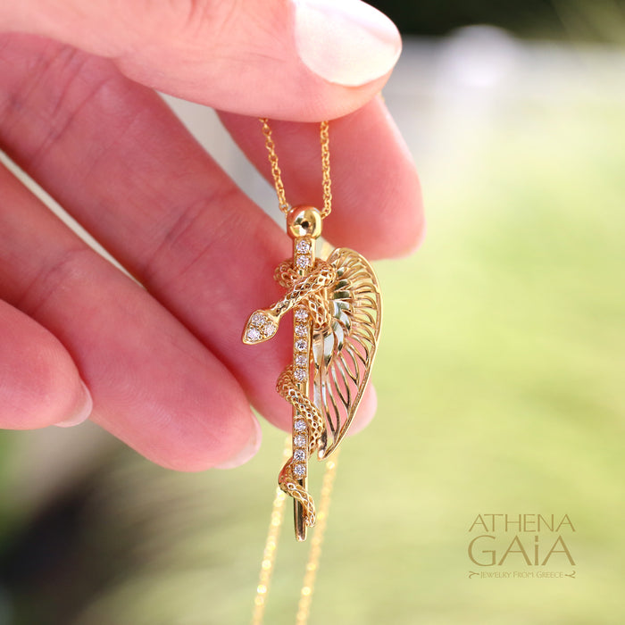 Olympian Hermes Caduceus Pendant Necklace 18k Gold Necklace