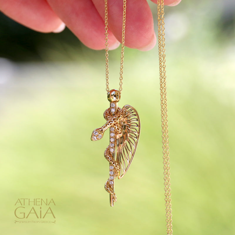Olympian Hermes Caduceus Pendant Necklace - 18k Gold Necklace