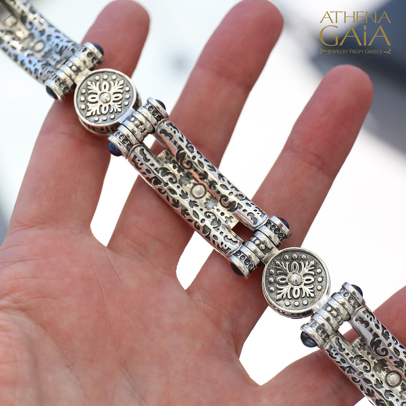 Medusa Sapphire Hinged Leather Bracelet - Sterling Silver Bracelet