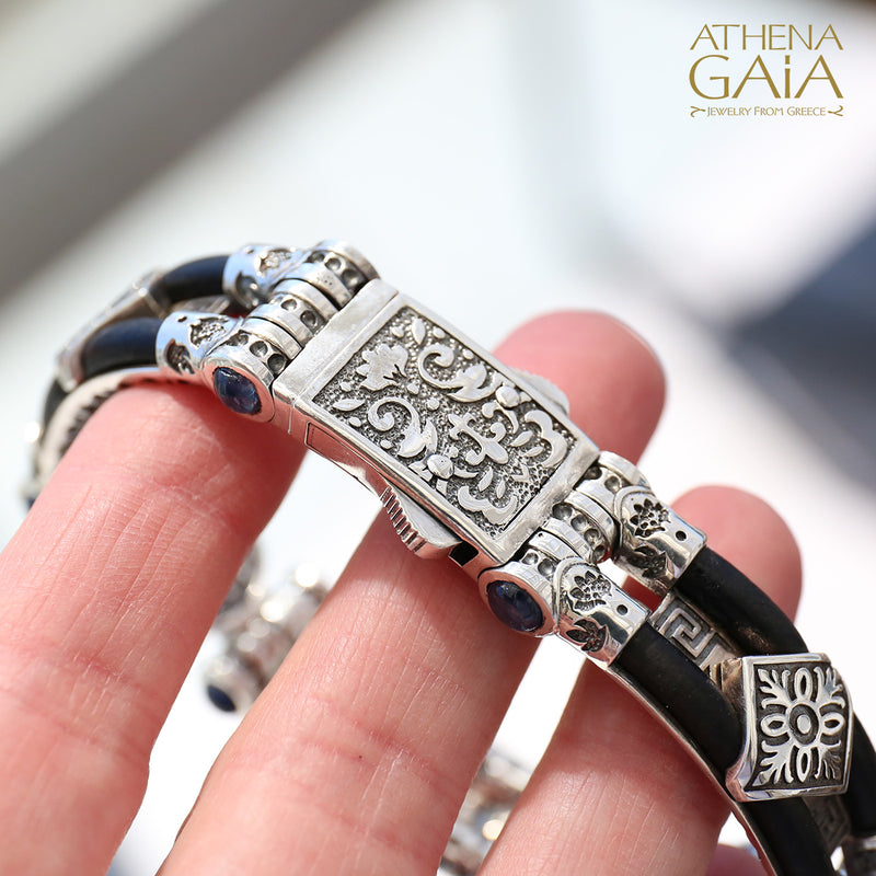 Medusa Sapphire Hinged Leather Bracelet - Sterling Silver Bracelet