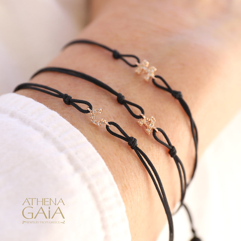 Single Initial - Adjustable Cord with Diamonds Bracelet - 14k Gold Bracelet