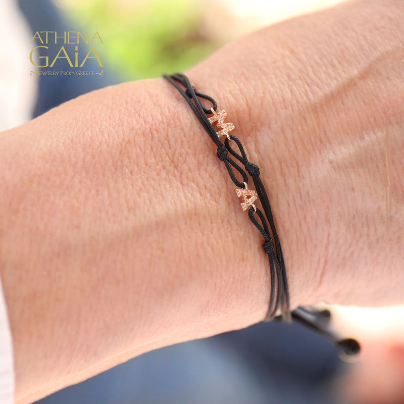 Single Initial - Adjustable Cord with Diamonds Bracelet - 14k Gold Bracelet