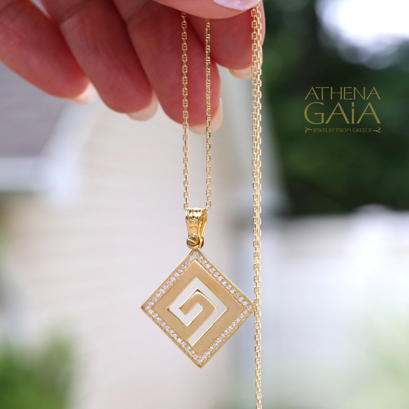 Greek Key Stone Border Pendant - 14k Gold Pendant