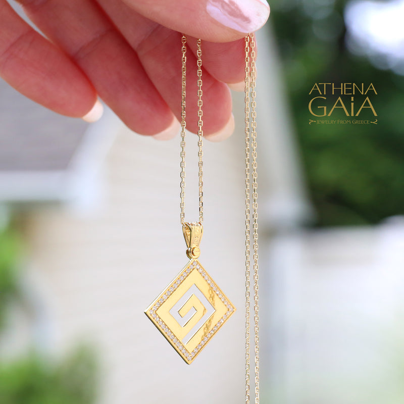Greek Key Stone Border Pendant - 14k Gold Pendant