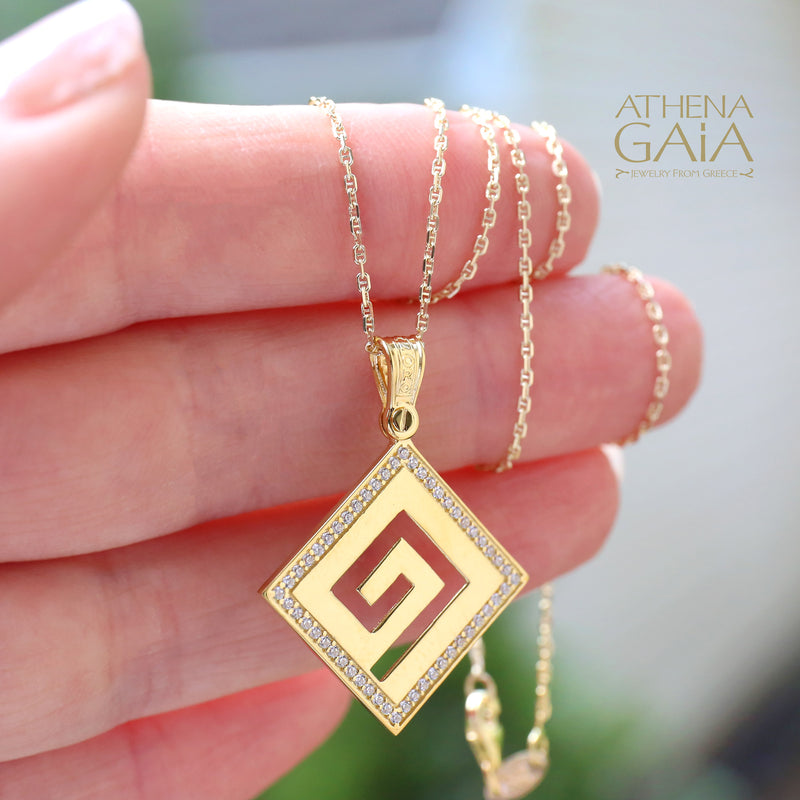 Greek Key Stone Border Pendant - 14k Gold Pendant