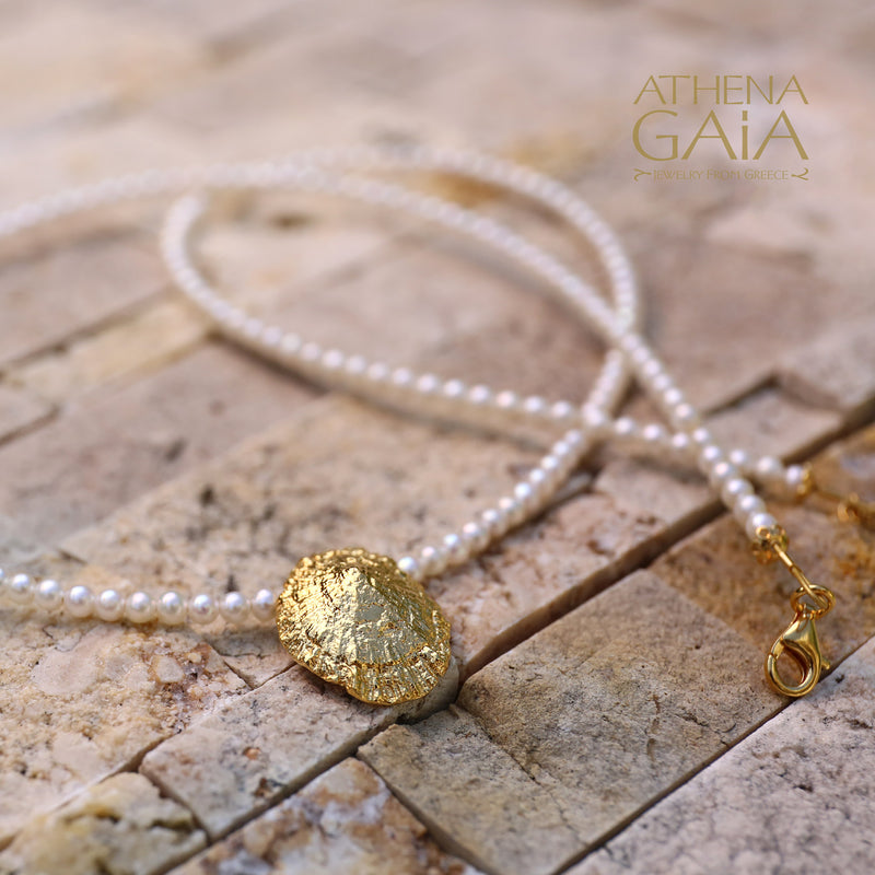 Seashell and Pearl Necklace - Gold Plated Sterling Silver Necklace