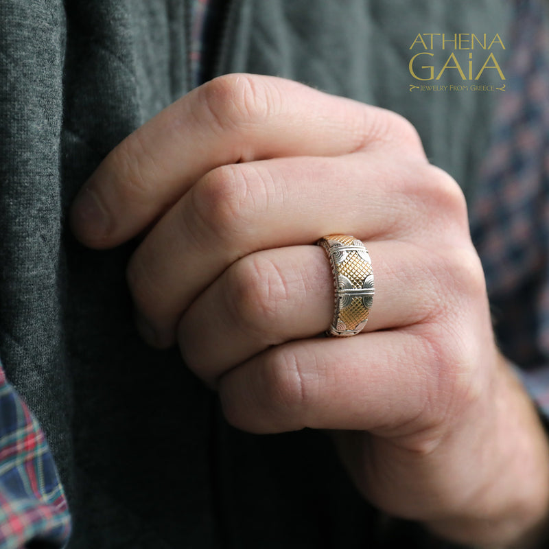 Alexander Woven Crest Ring - 18k Gold & Sterling Silver Ring - Cigar Band Ring