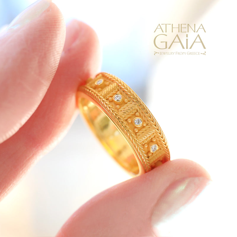 Woven Border Block Ring - 18k Gold - Stackable Ring