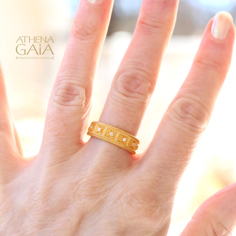 Woven Border Block Ring - 18k Gold - Stackable Ring