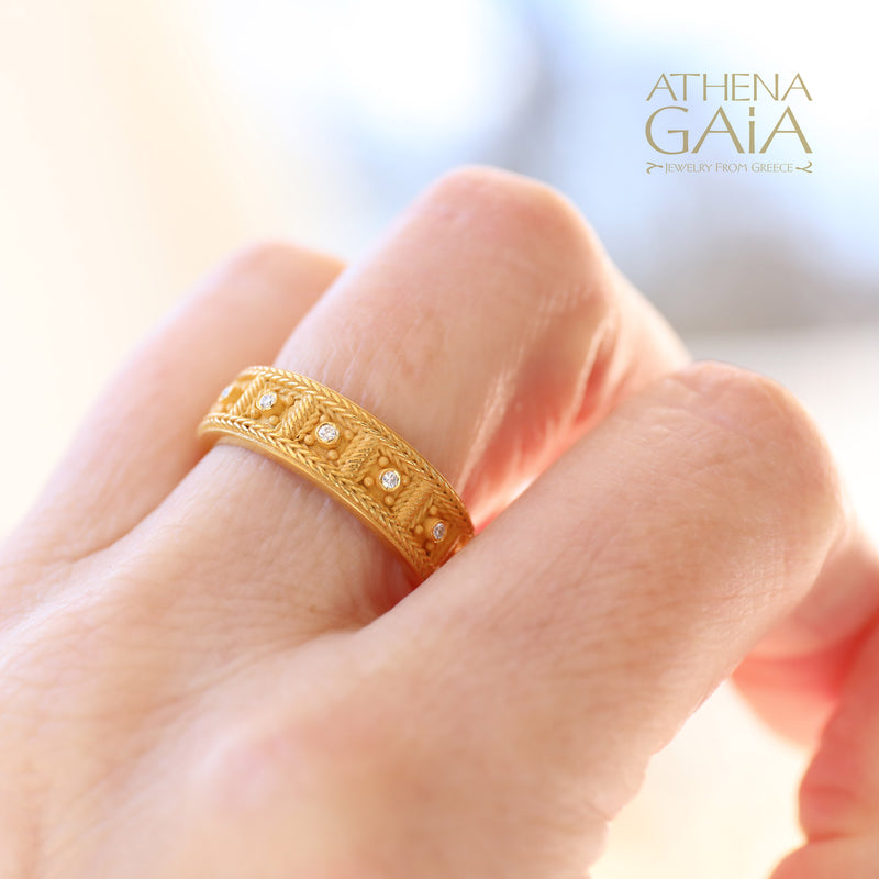 Woven Border Block Ring - 18k Gold - Stackable Ring