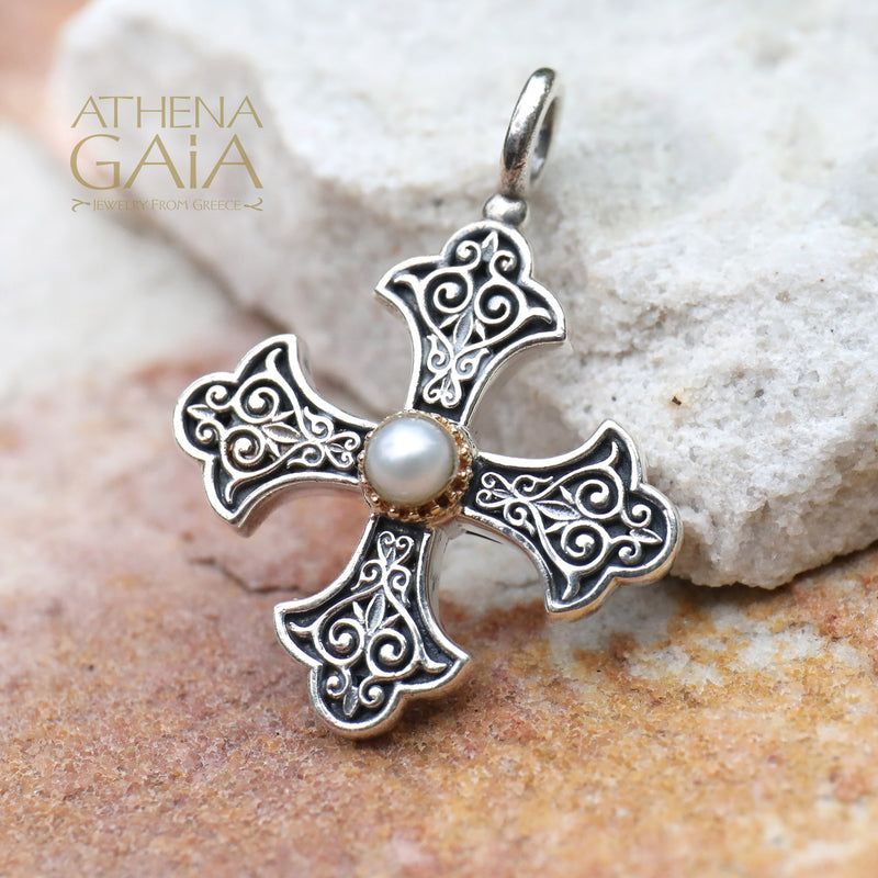 Aretousa Silver Faced Pearl Greek Cross (Large) - 18k Gold & Sterling Silver - Orthodox Cross
