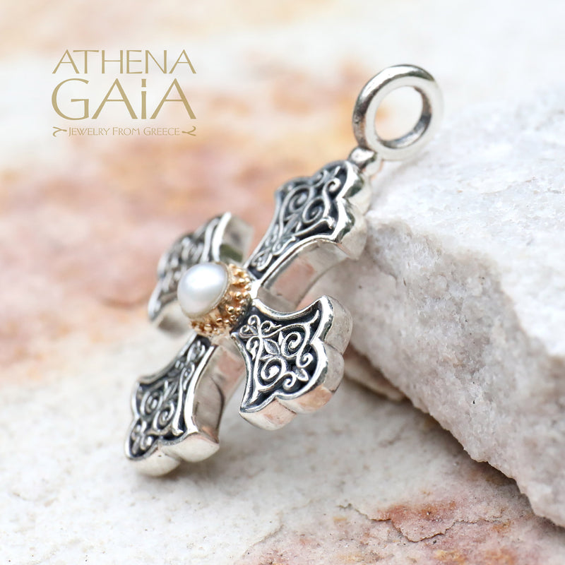 Aretousa Silver Faced Pearl Greek Cross (Large) - 18k Gold & Sterling Silver - Orthodox Cross