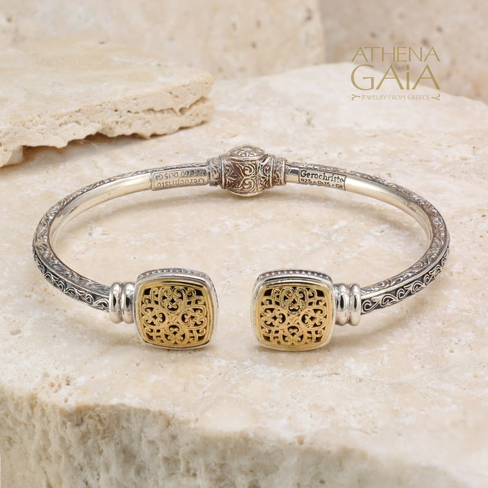 Mediterranean Square Face Bracelet - 18k Gold and Sterling Silver - Hinged Bangle Bracelet