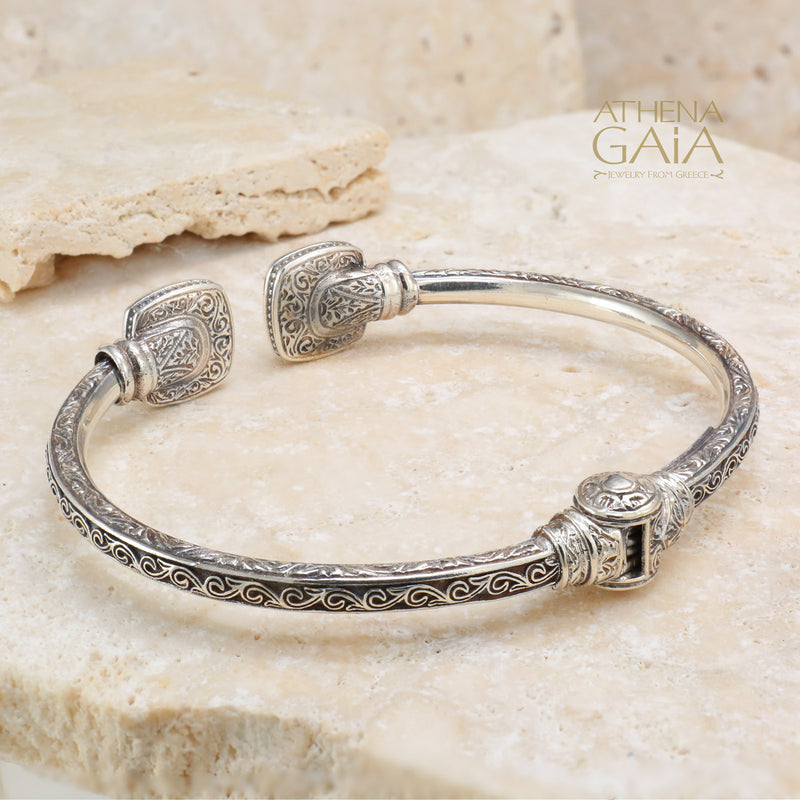 Mediterranean Square Face Bracelet - 18k Gold and Sterling Silver - Hinged Bangle Bracelet