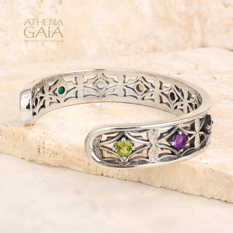 Stone and Leaf Bracelet - Sterling Silver - Cuff Bracelet