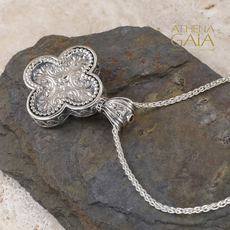Etched Rounded Greek Cross - Sterling Silver - Orthodox Cross Necklace