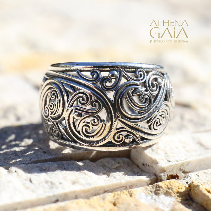 Kallisto Open Band Swirl Filigree Ring - Sterling Silver Ring