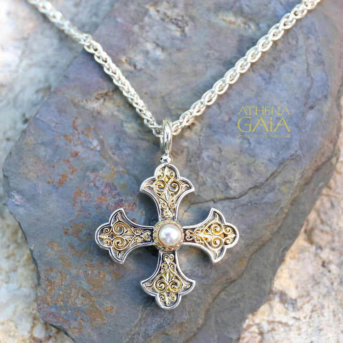 Aretousa Pearl Fleury Cross (Large) - 18k Gold & Sterling Silver - Orthodox Cross