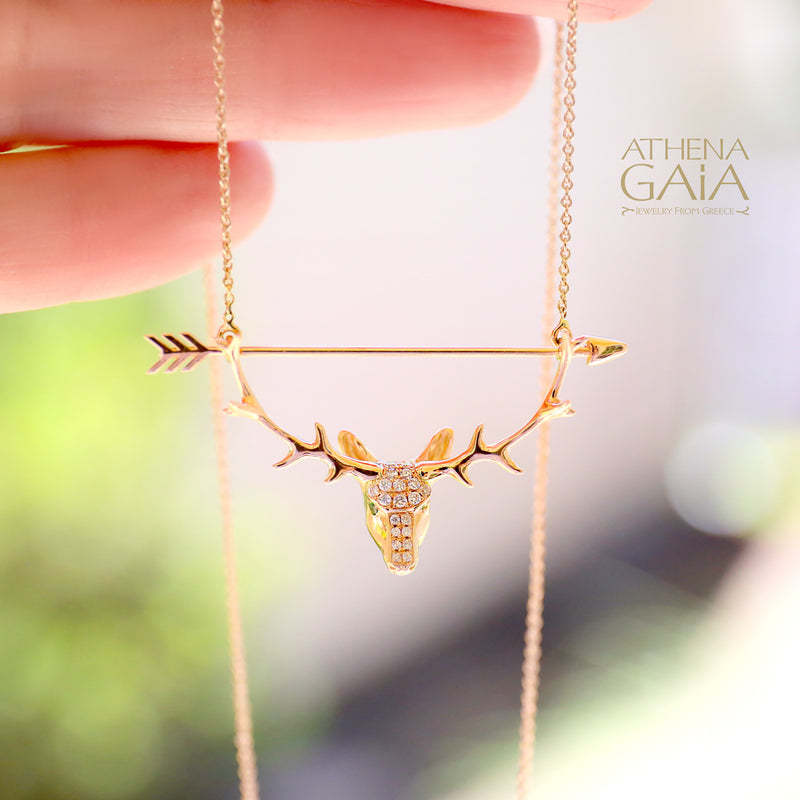 Olympian Artemis Deer and Arrow Pendant Necklace - 18k Gold Necklace